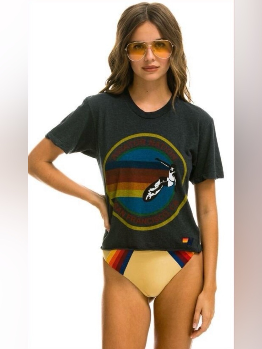 AVIATOR NATION Women’s Charcoal ASPEN CO  BOYFRIEND Crop Graphic T-Shirt size XS